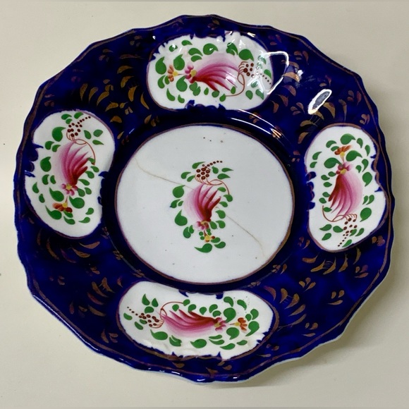 19th Century Vintage Gaudy Welsh Feather Pattern Square Scalloped Plate - Picture 10 of 11